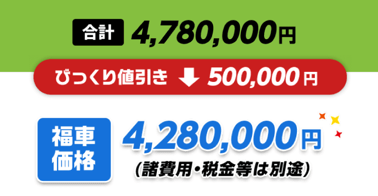 合計：4,780,000円がびっくり値引き-500,000円で福者価格：4,280,000円（諸費用・税金等は別途）に